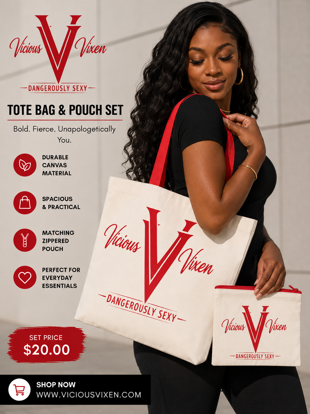 Vicious Vixen™ Canvas Tote Bag & Matching Pouch Set